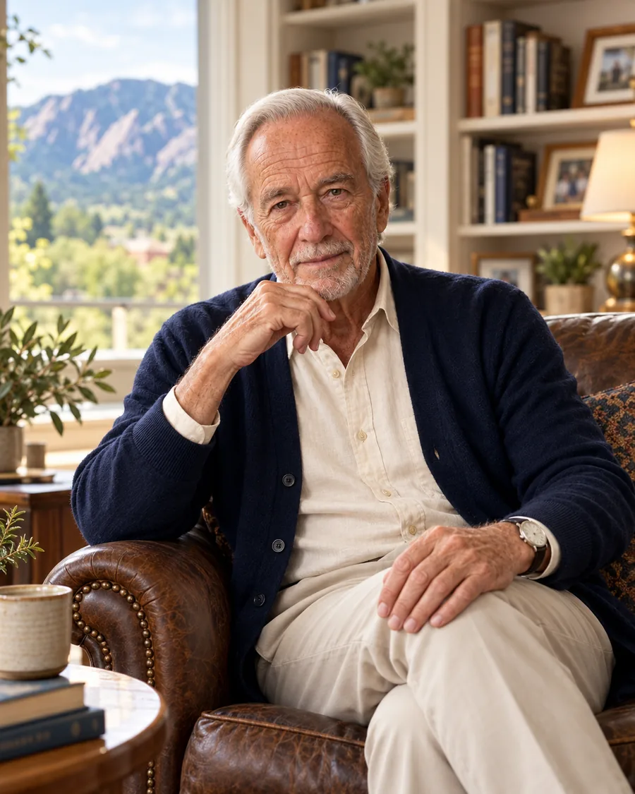 Henry Morgan, an 83-year-old author with white hair, seated in a leather armchair in front of bookshelves and a window onto the Flatirons